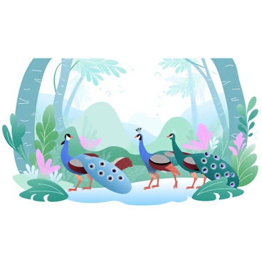 A parade of paons marching through a vibrant tropical forest