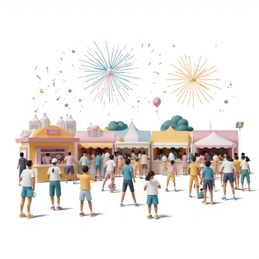 A vibrant festival scene with numerous people celebrating. There are men and women of various ages, dressed in colorful attire, mingling and enjoying the festivities. Stalls line the area, adorned with bright decorations and offering various foods. In the sky above, "colorful fireworks" explode in a dazzling array of shapes and hues, illuminating the scene. Some children are pointing upwards in excitement, while others are laughing and playing games on the ground. The atmosphere is filled with joy and energy as everyone enjoys the lively celebration.