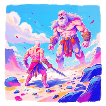 Kratos, a muscular figure with a distinctive bald head and a red tattoo across his left eye, stands firmly on rocky terrain. He is gripping his iconic chained blades tightly, ready for battle. In front of him, a towering giant, towering several times his height, looms with a fierce expression. The giant has thick, rugged skin and wears tattered clothing made from animal hide. Dark clouds gather above as dramatic winds whip around, stirring up dust and debris around them. The atmosphere is tense, with scattered rocks and particles swirling in the air, highlighting the imminent clash between them.