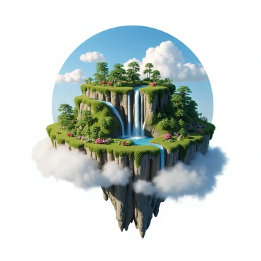 A mystical floating island with lush green vegetation covering its surface. The island has steep cliffs on its sides, from which multiple waterfalls cascade down into the clouds below. The waterfalls create a shimmering mist that surrounds the base of the island. Various exotic plants and colorful flowers grow along the edges, adding vibrant colors to the scene. A clear blue sky with fluffy white clouds provides a backdrop to this enchanting landscape.