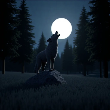 A lone wolf with thick gray fur stands on a rock in a clearing. Its head is tilted back, mouth open as it howls at the bright full moon in the night sky. The moon casts a silvery light, illuminating the wolf and the surrounding area. Tall, dark trees encircle the clearing, their silhouettes stark against the moonlight. The ground is covered in soft grass, adding texture to the scene. The atmosphere is calm and the air is still, enhancing the wolf's solitary presence.