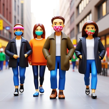 A street fashion scene featuring several models walking along an urban sidewalk. Each model is wearing a different trendy and unique face mask that highlights their individual style. The face masks display a variety of colors, patterns, and designs, including geometric shapes, floral prints, and bold graphics. The models are dressed in fashionable outfits, combining layers of clothing such as jackets, oversized sweaters, and stylish accessories. The background includes cityscape elements like buildings and streetlights, with a hint of pedestrians and street art to enhance the urban atmosphere.