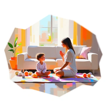 A child practicing deep breathing exercises with a parent in a cozy living room