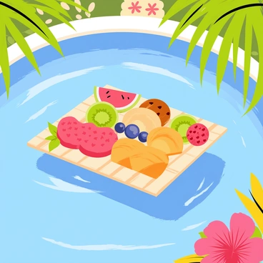 A floating breakfast tray with various fruits and pastries in a peaceful pool