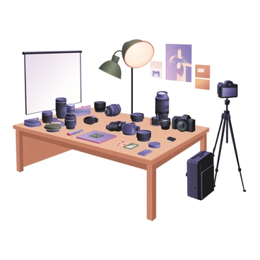 A digital flat illustration depicting a photographer's workspace. The scene includes a large wooden table covered with various items. There are multiple cameras positioned on the table, with one being a DSLR and another a mirrorless camera, both in black. Beside the cameras, several lenses are neatly arranged, showcasing different sizes and focal lengths. In the background, a softbox lighting setup is visible, along with a tripod standing upright. Accessories such as memory cards, batteries, and a camera bag are scattered on the table. The wall behind the table is adorned with photography prints, adding color to the workspace.