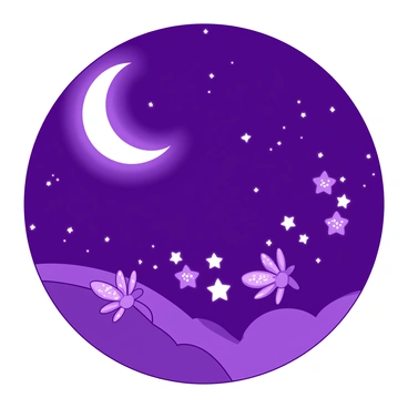 A purple night sky filled with tiny, glowing fairies that twinkle like stars. Each fairy has delicate wings that shimmer softly, reflecting the light from a bright white crescent moon. The moon casts a gentle glow, illuminating the fairies as they dance through the sky, leaving trails of sparkle behind them. The scene is enchanting, with the stars twinkling in the background, enhancing the magical atmosphere.
