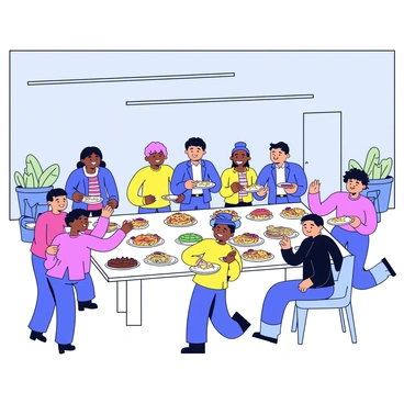Office workers sharing a potluck lunch in the break room