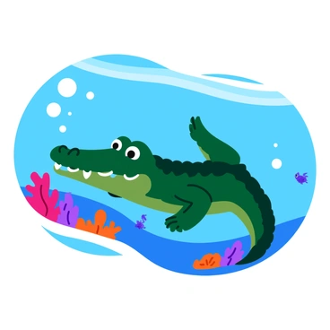 An underwater scene featuring a large alligator gliding gracefully through the clear blue water. The alligator has dark green scales and sharp teeth, with its long body streamlined for movement. Surrounding the alligator, a vibrant coral reef is visible, showcasing various colors and shapes of coral, including pink, orange, and purple corals. Small fish are swimming around the reef, adding to the lively underwater atmosphere. Bubbles can be seen rising towards the surface, enhancing the sense of depth in the scene.