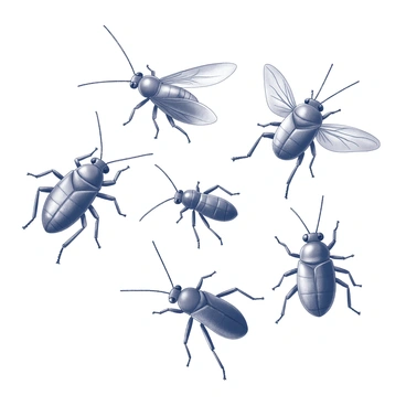 A close-up view of various insects, showcasing their intricate bodies. Each insect displays distinct patterns on its exoskeleton, highlighting the diversity of their shapes and textures. Some insects have elongated antennae, while others have rounded bodies. The focus is on the details of their wings, legs, and compound eyes, emphasizing the unique features that define each genus.