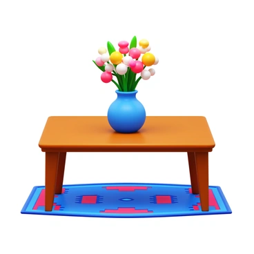 A colorful rug with intricate patterns placed under a wooden table. The table is adorned with a ceramic vase filled with fresh flowers in various shades, including pink, yellow, and white. The arrangement of the flowers appears vibrant and lively, creating an inviting atmosphere. The rug's colors complement the hues of the flowers, enhancing the overall visual appeal of the scene.