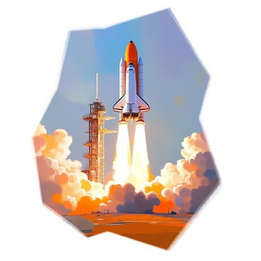 An illustration depicting a space shuttle ascending into the sky. The shuttle is prominently featured in the center of the image, its engines ignited and emitting bright flames and smoke. Below the shuttle, you can see the launch pad with numerous support structures. The sky is a gradient of deep blue and hints of orange, portraying the transition from day to dusk. Surrounding the shuttle, there are a few wispy clouds being pushed away by the force of the launch. The scene captures the powerful moment of takeoff.