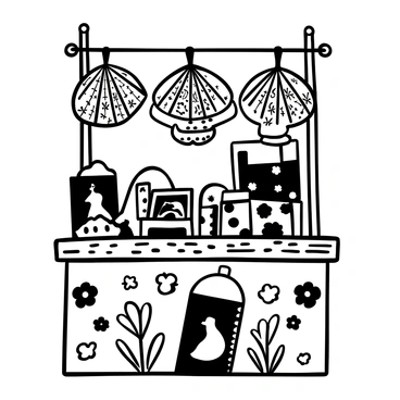 A shop stand displaying an array of "Carmen"-themed souvenirs. There are ornate fans with intricate designs and vivid patterns hanging prominently from the stand. Various postcards featuring scenes and characters from "Carmen" are neatly arranged, showcasing dramatic moments from the story. The stand itself is crafted from wood, giving it a rustic appearance, and is adorned with decorative elements relevant to the theme, such as roses and flamenco motifs.