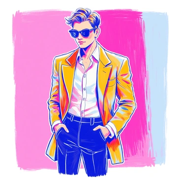 A stylish figure stands confidently, wearing an elegant tailored suit. The suit jacket is sharply cut, featuring a single button closure and a notched lapel. The figure has on sleek, dark sunglasses that reflect the light. One hand is placed casually in the pocket, while the other rests at the side. The background is minimal, allowing the focus to be on the figure and their confident pose.