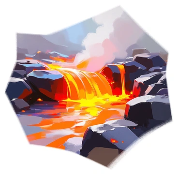 A close-up view of molten lava flowing slowly, showcasing its intense orange glow. The lava has a smooth, viscous texture as it moves, with bright highlights and shadows creating depth. The surface of the lava is dotted with small bubbles and cracks, revealing the intense heat beneath. Surrounding the lava are jagged black rocks, contrasting sharply with the bright orange flow. The scene captures the dynamic movement and vibrant colors of the molten rock as it carves its path.