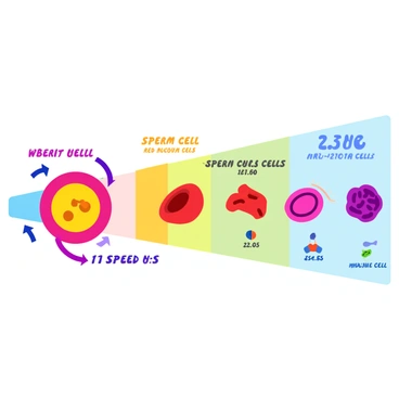 An infographic displaying a comparison of the speed of sperm cells to other types of cells in the body. The background features a colorful diagram with labeled sections. On the left side, there is an illustration of a sperm cell, highlighted in bright colors, with arrows indicating its rapid movement. Next to the sperm, there are representations of red blood cells and muscle cells, each with distinct colors and shapes. The speed of each cell type is represented with numerical values in bold, easy-to-read font. Additional icons or graphics may accompany each cell type to enhance understanding of their functions. The overall design is clear and visually engaging, aiding in the comparison of cellular speeds.