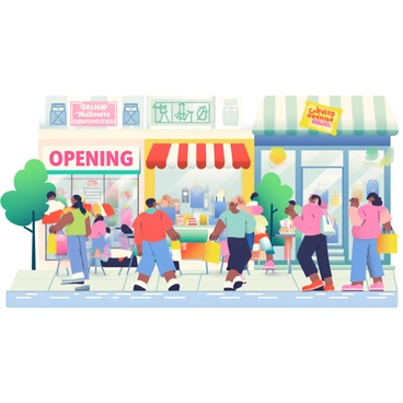 A bustling shopping district is filled with people walking along the sidewalks. Bright storefronts line the street, showcasing large glass windows filled with colorful displays of clothing and accessories. New stores with fresh signage are opening, featuring "Grand Opening" banners in vibrant colors. Shoppers are carrying shopping bags, and some are gathered outside the new stores, eagerly checking out the merchandise. Trees with green leaves are planted along the sidewalks, providing spots of shade. There are small tables with chairs outside cafés where people are enjoying drinks and pastries. The scene is lively, with a sense of excitement in the air.