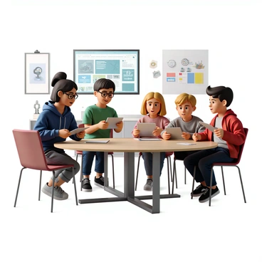 A group of four young explorers, two girls and two boys, are gathered around a large, modern table in a bright, tech-inspired room. Each child is holding a tablet, intently focused on the screens as they discover various features of Ethereum. The girl on the left has curly hair tied in a ponytail and is wearing a blue hoodie and glasses, pointing at her tablet with excitement. The boy next to her has short black hair and is wearing a green t-shirt, leaning forward with a look of concentration. The other girl has straight blonde hair and is wearing a pink sweatshirt, looking up with an expression of curiosity. The boy on the right has wavy hair and is wearing a red jacket, taking notes on a notepad next to his tablet. The background features colorful tech-themed posters and futuristic gadgets, enhancing the adventurous atmosphere.