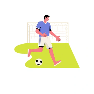 An illustration focusing on the technical form of a kicker's stance in football. The kicker is depicted wearing a blue jersey and white shorts, standing on a green football field. One foot is positioned behind the ball, while the other foot is slightly forward, showcasing balance. The kicker’s arms are raised slightly for stability, and an intense expression is visible on their face as they prepare to kick. A goalpost is visible in the background, emphasizing the setting.