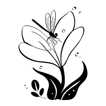 A dragonfly with intricate wings perched delicately on the petal of a white lily. The lily blooms prominently, showcasing its broad, smooth petals. The background features soft, textured foliage that frames the scene. Small droplets of water cling to the petal, reflecting light subtly. The dragonfly's body is slender and elongated, with detailed patterns on its wings that contrast with the smooth surface of the lily petal.