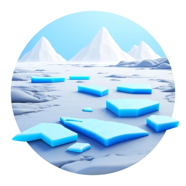 A detailed view of "remnants of an ancient glacier" scattered across a "permafrost landscape." The glacier pieces are a mix of "icy blue and white" with "sharp edges" glistening under the sunlight. The surrounding permafrost is smooth and "cracked," with patches of "hard, frozen earth" interspersed. In the background, there are "snow-capped mountains" rising against a clear sky. The scene captures a sense of "timelessness" with "frozen textures" and varying shades of white and blue.