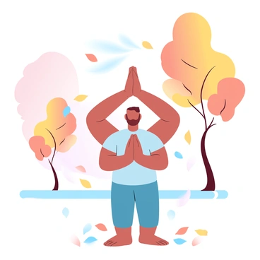 A person is performing "namaste" with both hands pressed together in front of their chest. The individual is standing in a park surrounded by trees with vibrant autumn foliage, showcasing shades of orange, yellow, and red leaves. A gentle breeze is causing several leaves to fall around them, creating a dynamic scene. The ground is covered with a colorful carpet of fallen leaves, enhancing the autumn atmosphere. In the background, the silhouettes of other trees can be seen, contributing to the tranquility of the setting.