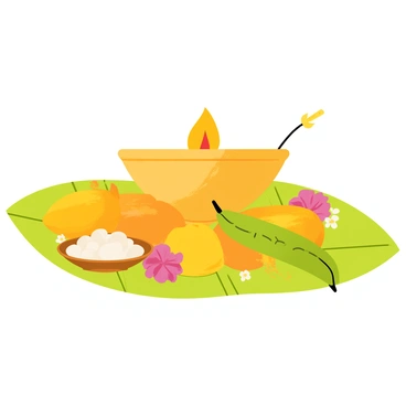 A beautifully arranged Vishukkani featuring a large brass lamp with a lit wick at the center. Surrounding the lamp are bright yellow and orange fruits such as mangoes and jackfruits, along with fresh green vegetables like cucumbers and beans. There are also traditional elements like a mirror reflecting the arrangement, rice placed in a brass plate, and colorful flowers scattered throughout, adding to the vibrant display. The scene is enhanced by the inclusion of a banana leaf as the base, creating an inviting and festive atmosphere.