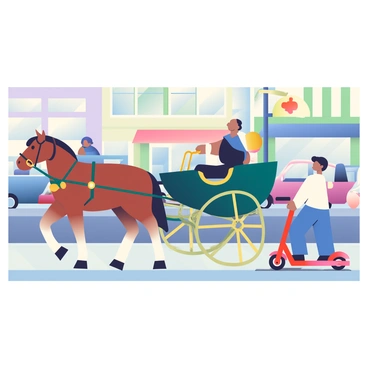 A traditional horse-drawn carriage with a brown horse is standing at a busy street corner. The carriage has a dark green exterior with a shiny brass handle and is accompanied by a driver wearing a black hat. Next to it, an electric scooter in bright red is parked, its sleek frame contrasting with the vintage look of the carriage. People are walking on the sidewalk, some glancing at the unique juxtaposition of the two modes of transportation. Traffic is visible in the background, featuring various modern vehicles, while storefronts with colorful signs line the street.
