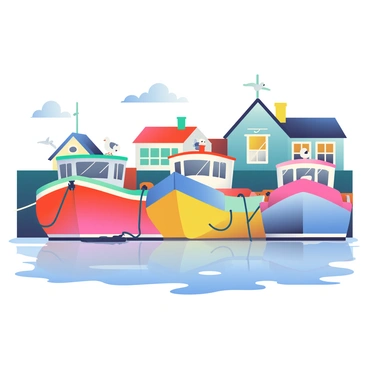 A collection of colorful fishing boats is docked in a quaint harbor in Nova Scotia. Each boat is painted in vibrant hues, including shades of red, blue, and yellow. The boats are tied together with thick ropes, bobbing gently in the calm water. In the background, there are charming wooden buildings with weathered facades, adding to the coastal atmosphere. A few seagulls are perched on the boats, while others fly overhead against a clear blue sky. The gentle ripples of the water reflect the various colors of the boats and buildings.