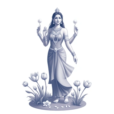 A depiction of "Goddess Lakshmi" standing gracefully in a spring setting. She is adorned with intricate jewelry and traditional attire. Surrounding her are "blossoming flowers" in various stages of bloom, showcasing their petals and details. The goddess has a serene expression, with her hands raised in a gesture of abundance. The ground is covered with lush greenery, and there are scattered flowers all around, adding to the richness of the scene. The overall composition emphasizes the goddess's connection to prosperity and nature.