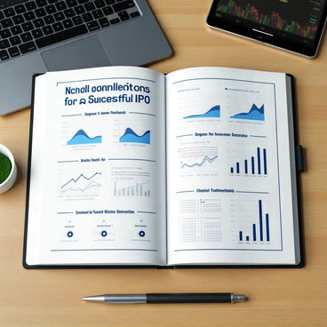 An open financial journal with a glossy cover featuring the title "Milestones and Predictions for a Successful IPO" in bold letters. The pages are filled with graphs and charts illustrating trends in the stock market, along with annotations and notes in blue and black ink. There are highlighted sections focusing on key milestones, such as "Initial Valuation" and "Investor Outreach." The journal is placed on a wooden desk with a sleek pen resting beside it, and a laptop is visible in the background displaying financial data.