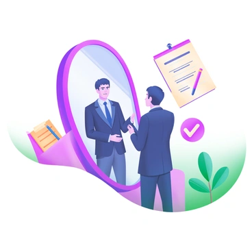 A modern pastel illustration depicting a candidate standing in front of a large, elegant mirror, practicing interview questions. The candidate is dressed smartly in a tailored navy suit, with a crisp white shirt and a matching tie. Their reflection in the mirror shows an expression of determination. Surrounding the mirror are various interview-related items, including a notepad with bullet points, a pen, and a small plant for a touch of greenery. The background features soft pastel colors, enhancing the professional yet inviting atmosphere of the scene.