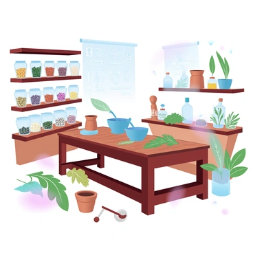 A traditional ayurveda laboratory is depicted with a variety of glass jars filled with colorful dried herbs and spices lining the shelves. Each jar is labeled clearly, showcasing the names of the herbs inside. A wooden table is positioned in the center, covered with an assortment of tools such as mortars and pestles alongside fresh herbs being prepared. The background features a wall adorned with detailed charts illustrating different herbs and their uses. The overall scene is bathed in warm, inviting light that enhances the natural colors of the herbs and the wooden elements of the laboratory.