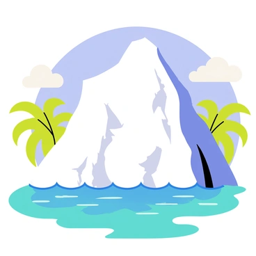 A large iceberg with a jagged, uneven surface is depicted in a tropical setting. The iceberg is primarily white and blue, with sections showing clear water pooling underneath due to melting. Surrounding the iceberg are vibrant, green palm trees with long, arching leaves that sway gently in a warm breeze. The background features a bright blue sky with a few fluffy white clouds drifting by. Below, the ocean waves are a deep turquoise, gently lapping against the base of the iceberg. Sunlight reflects off the water, creating shimmering patterns.