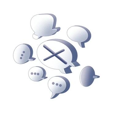 A cluster of word bubbles is floating upwards. They vary in size, some larger and others smaller, each with distinct shapes and orientations. In the center of the cluster, one word bubble is prominently crossed out, with a bold line going through it. The other bubbles around it appear to be unmarked and are positioned at different angles, creating a sense of movement and dynamism in the composition. The overall scene conveys an idea of communication and expression, with an emphasis on the crossed-out bubble as a focal point.