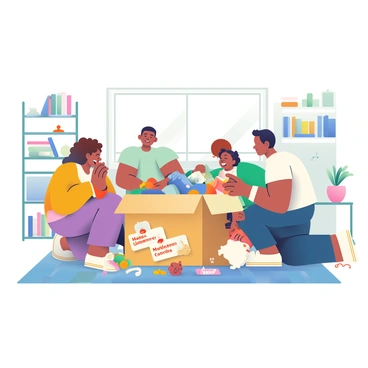 A family of four is gathered around a large cardboard box in a bright and spacious living room. The box is filled with various colorful items, each labeled with tags reading "Made in different countries." The parents, a woman with light skin and curly brown hair and a man with dark skin and short black hair, are kneeling next to the box, excitedly pulling out items. The children, a girl with braided hair and a boy with short hair, are eagerly looking at the contents. The room is decorated with a rug, a bookshelf filled with books, and a small potted plant on a side table. Scattered around them are toys, clothing, and trinkets, showcasing the diversity of cultures represented by the items in the box.
