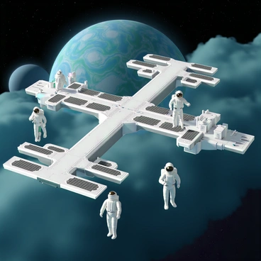 A large, futuristic space station, made of sleek metallic structures and illuminated panels, is orbiting a distant planet that has swirling blue and green clouds. The station features various modules connected by bright corridors, with solar panels extending outward. Several astronauts in white space suits, with helmets reflecting the starry surroundings, are floating outside the station. They are engaged in different tasks, such as repairing equipment and taking measurements, while a backdrop of stars and the colorful planet creates a dramatic scene.