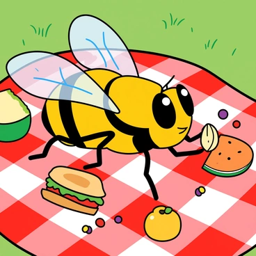 A cartoonish fly with large, expressive eyes and tiny wings is sitting on a vibrant red and white checkered picnic blanket. Surrounding the fly are various miniature food items, including a small sandwich with layers of lettuce and tomato, a tiny apple, and a miniature slice of watermelon with seeds. The fly has a cheerful demeanor as it holds a tiny morsel of food with its front legs, surrounded by more food like a miniature cheese wheel and a few colorful berries. In the background, a sunny sky and green grass add to the playful picnic atmosphere.