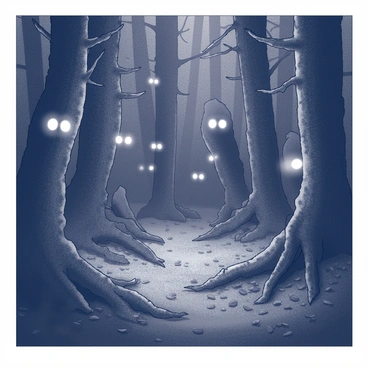 A dark forest with thick, tangled underbrush. The foliage is dense, creating a sense of mystery and concealment. Numerous pairs of "glowing eyes" peer out from the shadows, each set varying in size and shape. The eyes reflect a faint light, illuminating the immediate area around them. The forest floor is littered with fallen leaves and branches, adding to the overall texture of the scene. The atmosphere is tense, as if something is lurking just beyond the visible.