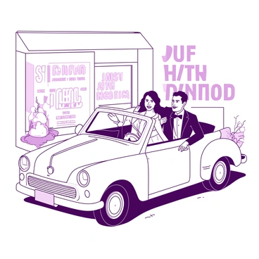 A white decorated car is parked outside a wedding venue. The car is adorned with flowers and ribbons. The bride, wearing a flowing white wedding dress, is smiling and waving from the passenger seat. The groom, in a sharp black tuxedo, is sitting next to her with an arm around her shoulders. Behind the car, there is a large sign that reads "Just Married" in bold letters. The scene is bright and festive, capturing the joy of the newlyweds.