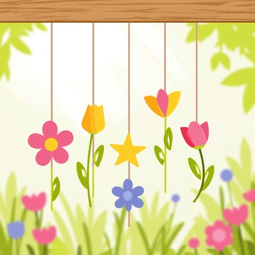 A set of wind chimes made from various colorful flower motifs hanging from a wooden beam. The flowers, including daisies, tulips, and roses, are crafted in bright hues like pink, yellow, and blue. The chimes sway gently in a light breeze, creating a soft tinkling sound. Sunlight glistens off the petals, highlighting their intricate designs and vibrant colors. The background features a blurred garden filled with greenery and blooming flowers, enhancing the serene atmosphere of the scene.