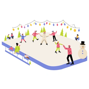 A group of people ice skating on a large rink with smooth white ice. The rink is surrounded by colorful festive decorations, including bright string lights and large ornaments hanging from overhead. Children are laughing and holding hands while skating, while adults skate gracefully nearby. A snowman wearing a black top hat is placed at the edge of the rink, and there are benches with people watching the skaters. The scene is lively and filled with joy.