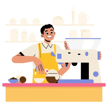 A barista skillfully preparing coffee behind the counter with a cheerful expression