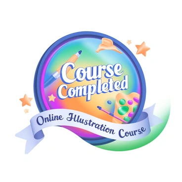 A colorful digital badge featuring a circular design with a vibrant gradient background that transitions from bright blue to warm orange. The center of the badge displays the words "Course Completed" in bold, white letters. Surrounding the text are decorative elements such as stars and art tools, including a paintbrush, pencil, and palette. The badge has a sleek, modern appearance with a shiny finish and a subtle drop shadow, suggesting depth. A ribbon at the bottom displays the text "Online Illustration Course" in elegant lettering, adding a touch of distinction.