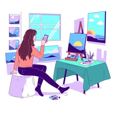 An artist with long brown hair is sitting on a white stool in a well-lit room, surrounded by various colorful paintings. They are focused on taking photos of a vibrant blue canvas that depicts a sunset. The artist is holding a smartphone in one hand, aiming it towards the painting. A large window lets in natural light, illuminating the room and creating soft shadows on the floor. Nearby, an easel holds another half-finished painting, and there are art supplies scattered on a teal table, including paintbrushes and tubes of paint.