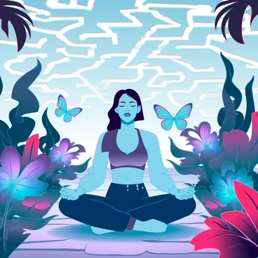 A person with medium skin tone is sitting cross-legged on a stone path in a futuristic garden filled with vibrant, exotic plants and bioluminescent flowers. They have their eyes closed and hands resting on their knees, projecting a sense of calm and focus. A soft, glowing aura radiates from their body, creating an ethereal effect that enhances their meditative state. Digital butterflies with shimmering wings flutter nearby, adding to the tranquil atmosphere of the garden. The sky above is filled with abstract patterns of light, suggesting an otherworldly environment.