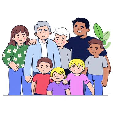 An elderly couple is standing together, smiling warmly at the camera. The man has gray hair and wears a light blue sweater, while the woman has short white hair and is dressed in a floral-patterned blouse. They are surrounded by three adult children. One daughter has long brown hair and is wearing a green dress, while one son has short black hair and is dressed in a navy shirt. The other son is wearing a gray t-shirt. Two grandchildren, a boy with curly blonde hair in a red shirt and a girl with straight brown hair in a purple dress, stand in front of the group. The family is posed in a natural outdoor setting, with greenery softly blurred in the background.
