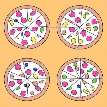 Four pizzas, each with a different number of slices, are displayed on a wooden table. The first pizza has eight slices, with four slices highlighted to represent one-half. The second pizza has ten slices, with five slices shown to illustrate the ratio of one-half. The third pizza features twelve slices, with six slices emphasized to indicate one-half. The fourth pizza has sixteen slices, with eight slices marked to represent the same one-half ratio. Each pizza is topped with various ingredients, such as pepperoni, mushrooms, green peppers, and olives, making them visually distinct.