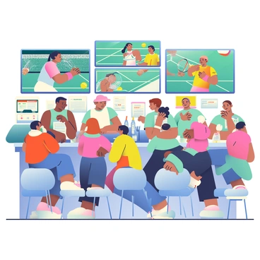A vibrant sports bar is filled with energy as patrons engage in lively conversations. Several large screens display exciting tennis matches, showcasing players in action with their vibrant uniforms. In the foreground, a group of diverse patrons is enthusiastically placing bets at a bar counter, filled with various betting slips and drinks. Tables around the bar are occupied by groups of friends watching the matches, some cheering and others analyzing game strategies. The bar is adorned with sports memorabilia, and the lighting is warm, creating a welcoming yet exhilarating atmosphere.