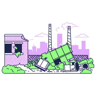 An abandoned industrial wasteland stretches across the scene. In the foreground, large, rusting machinery is scattered, including a broken-down conveyor belt and empty barrels. To the left, a crumbling brick wall partially reveals shattered windows, with weeds growing through the cracks. In the background, towering smokestacks loom against the sky, which appears thick with a haze. Debris is strewn across the ground, and a chain-link fence, rusted and bent, outlines the perimeter of the area. The overall atmosphere reflects neglect and decay.