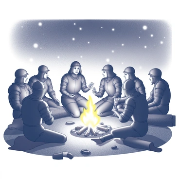 A group of soldiers gathered around a campfire under a starlit sky. In the center, a woman dressed in medieval armor, representing "Jeanne d'Arc," is animatedly sharing stories with the soldiers. The flames from the fire cast flickering shadows on their faces, highlighting their attentive expressions. The soldiers are sitting on logs and the ground, creating a semi-circle around the fire. Various pieces of armor and equipment are scattered around them, suggesting they are in a temporary campsite. The atmosphere is filled with camaraderie as they listen intently to her tales of bravery and strength.